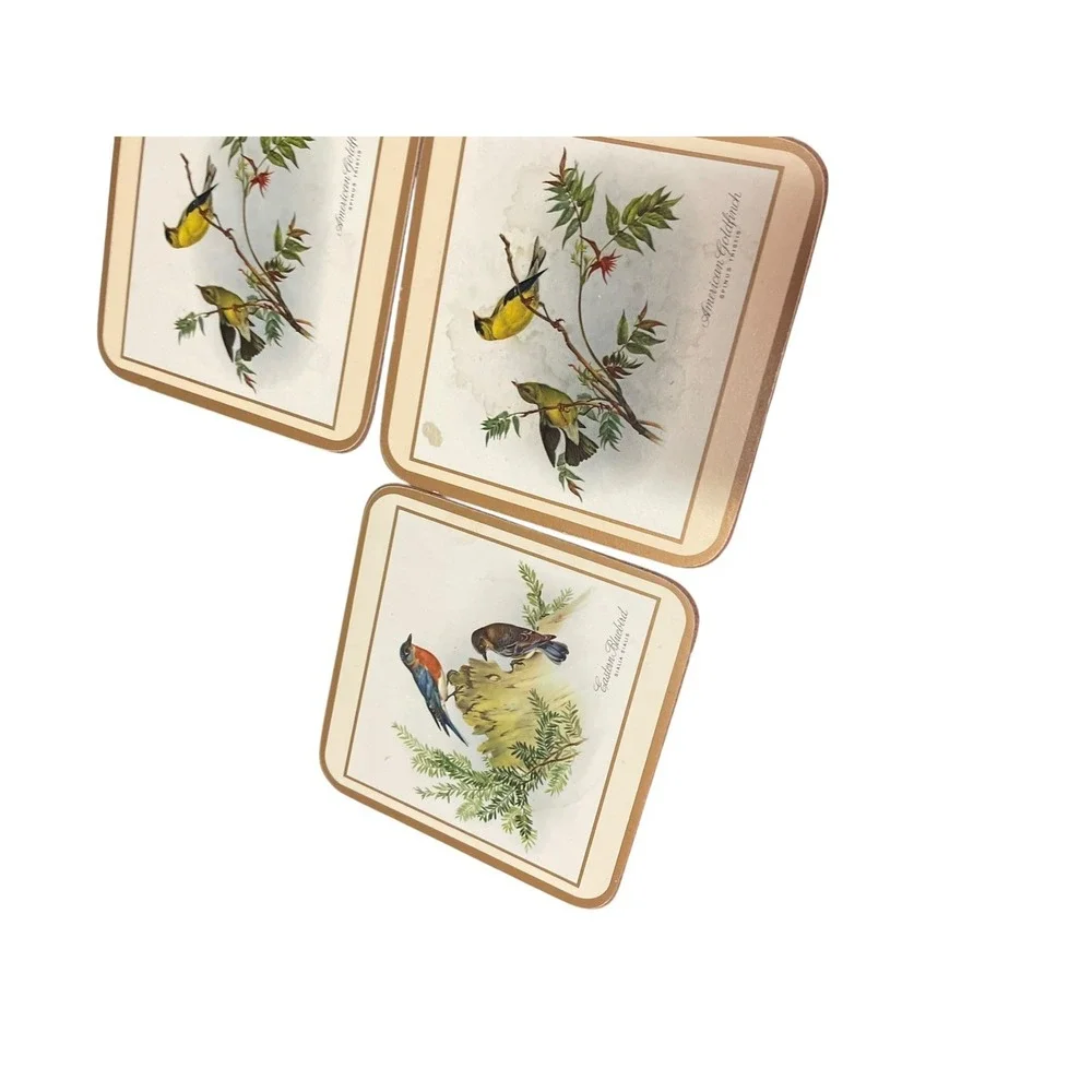 Set Of 6 Vintage English Life Cork Back Coasters Song Birds Satin‎ Finish W/ Box